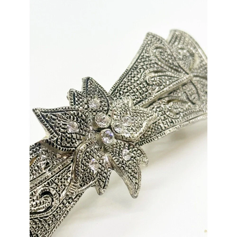 Floral Hair Barrette Marcasite Look With Rhinestones 3.25